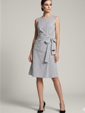NWT Donna Karan Black and White Striped Tie-Waist Midi Dress